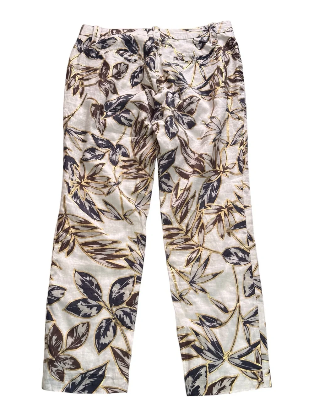 J. Crew Size 6 Linen Garden Print Pants Gold Leaf Foil Vacation Tropical Resort